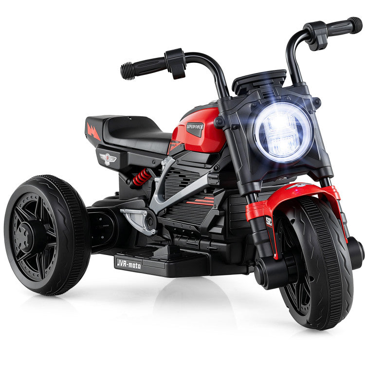 Children's toy motorcycle with red and black design on a white background