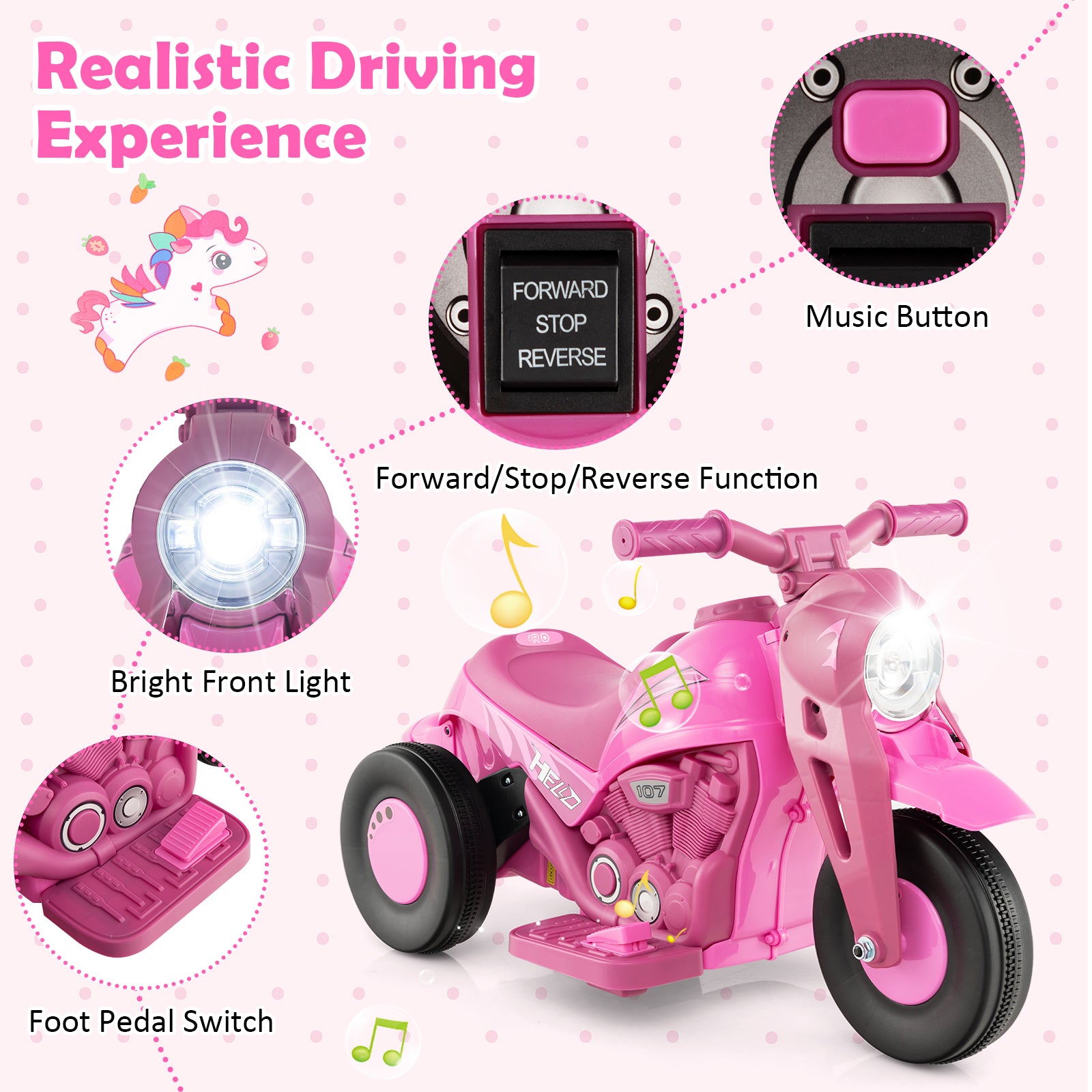 Pink toy motorcycle with features highlighted on a pink background