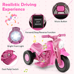 Pink toy motorcycle with features highlighted on a pink background