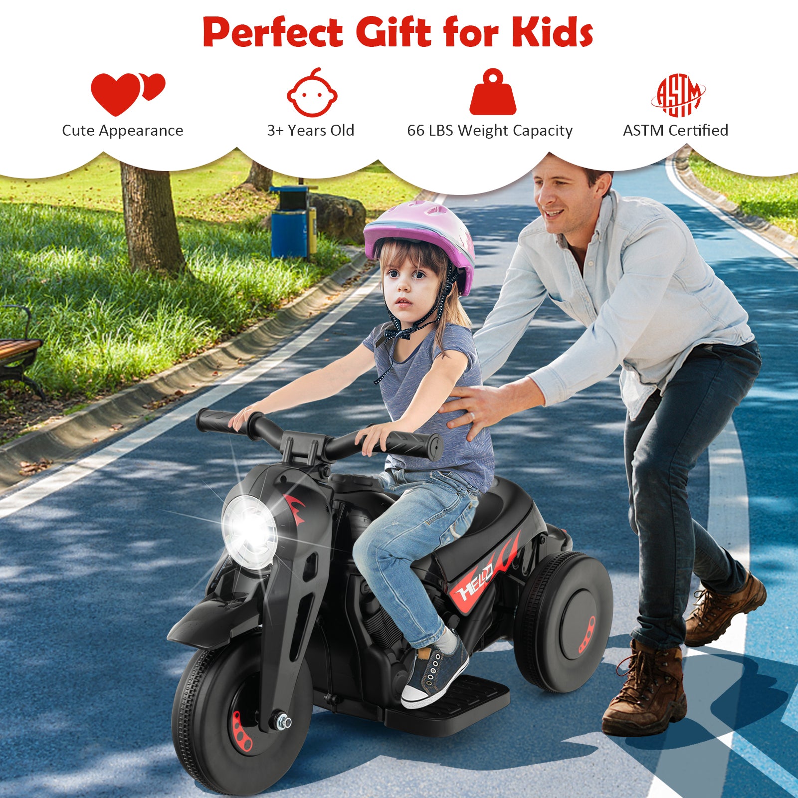 Child riding a toy motorcycle with a adult outdoors, promoting it as a perfect gift for kids.