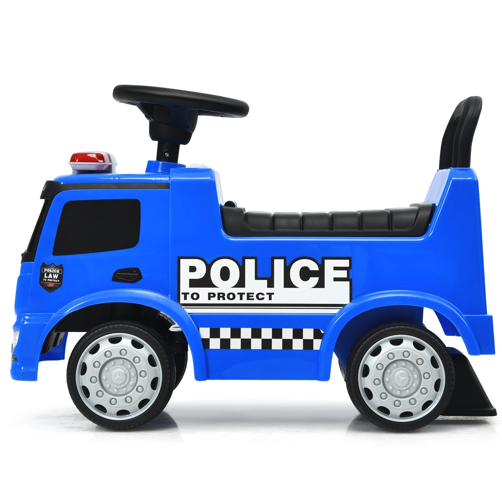 Blue toy police car with black and white details on a white background