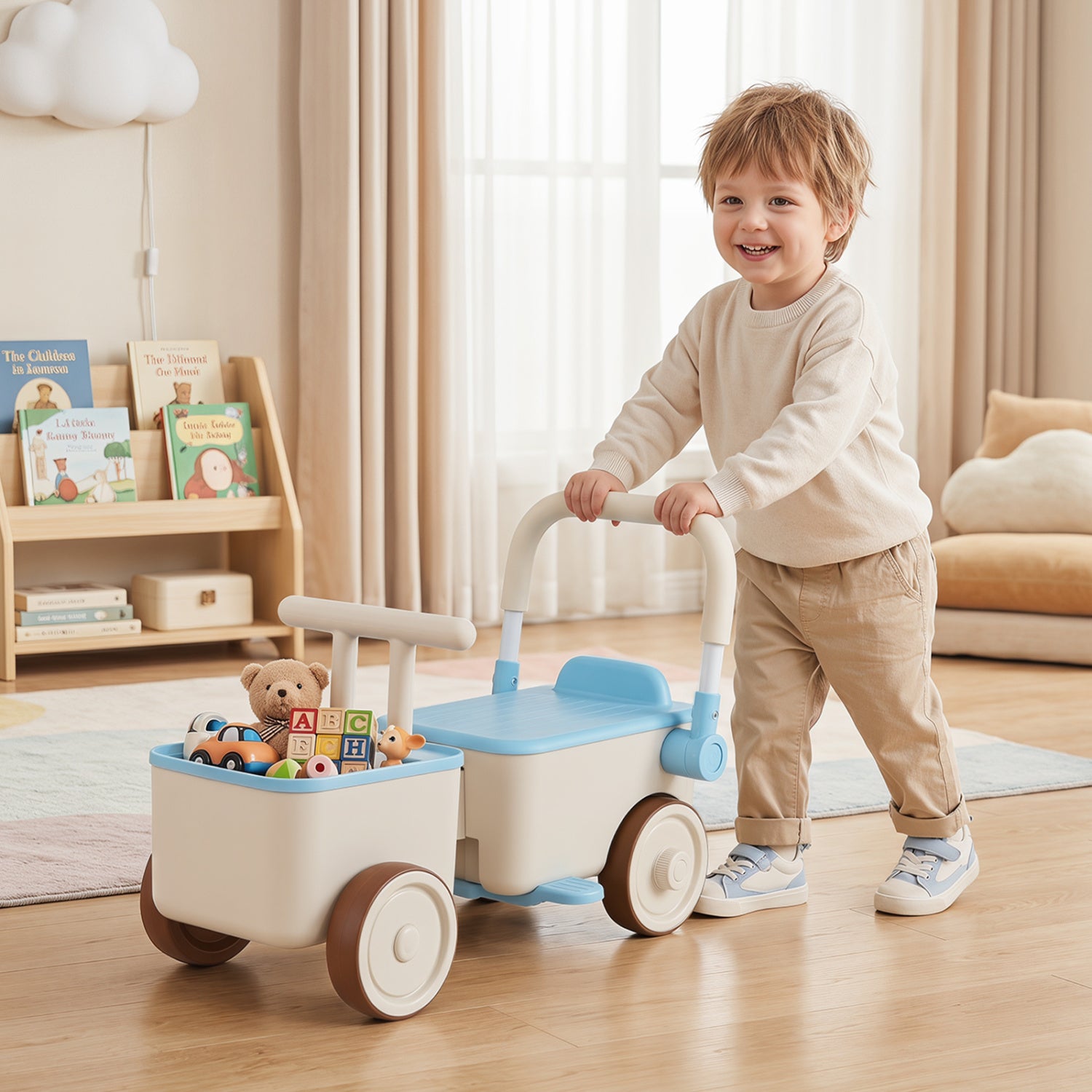 Child playing with a toy cart in a room with books and a sofa.