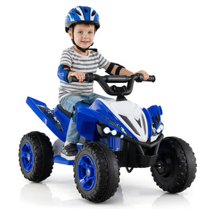 Child riding a blue toy ATV with a helmet on a white background