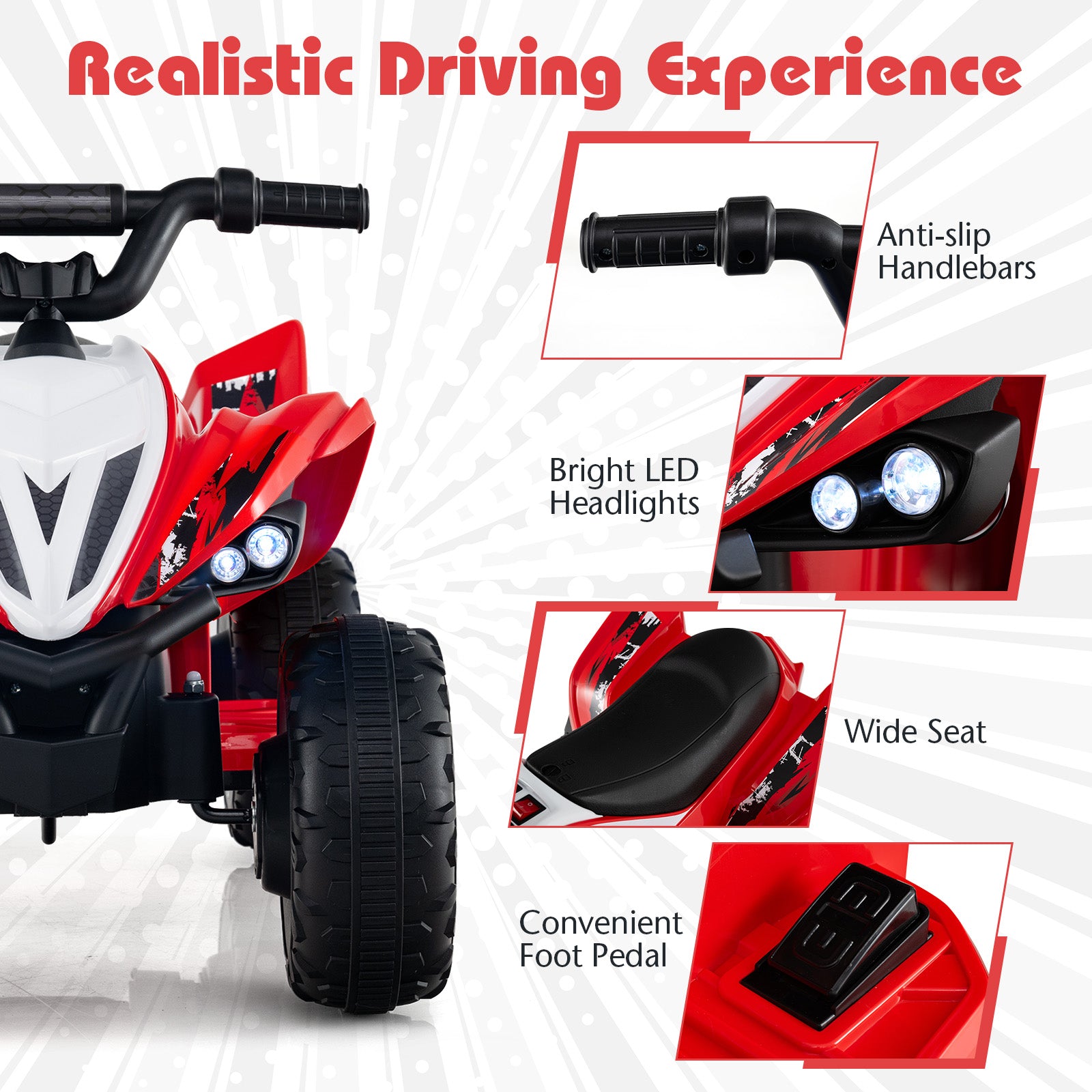 Red toy ATV with features highlighted on a white background