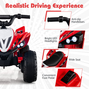 Red toy ATV with features highlighted on a white background