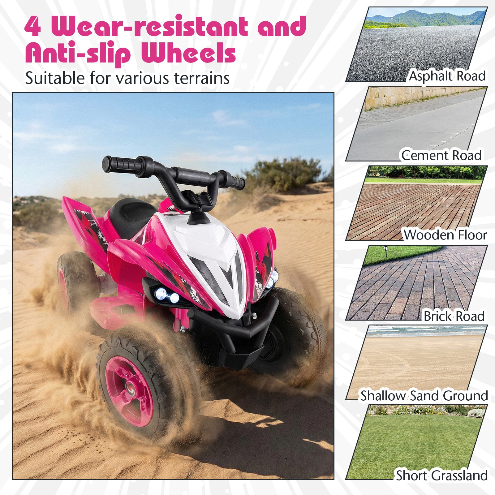 Pink and white toy ATV on a dirt road with images of different terrains below.