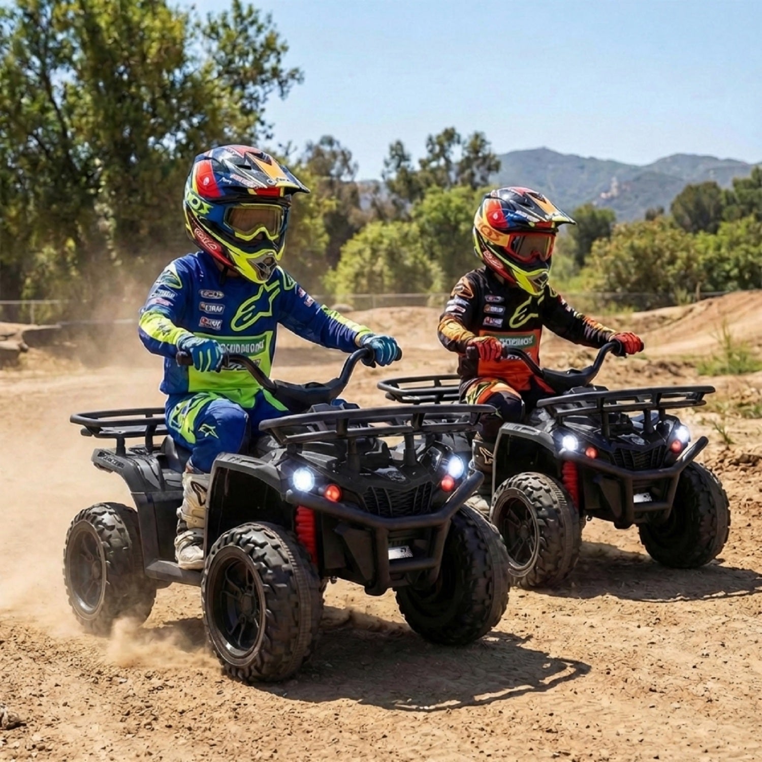 Two children on ATVs in a dirt track with helmets and goggles.