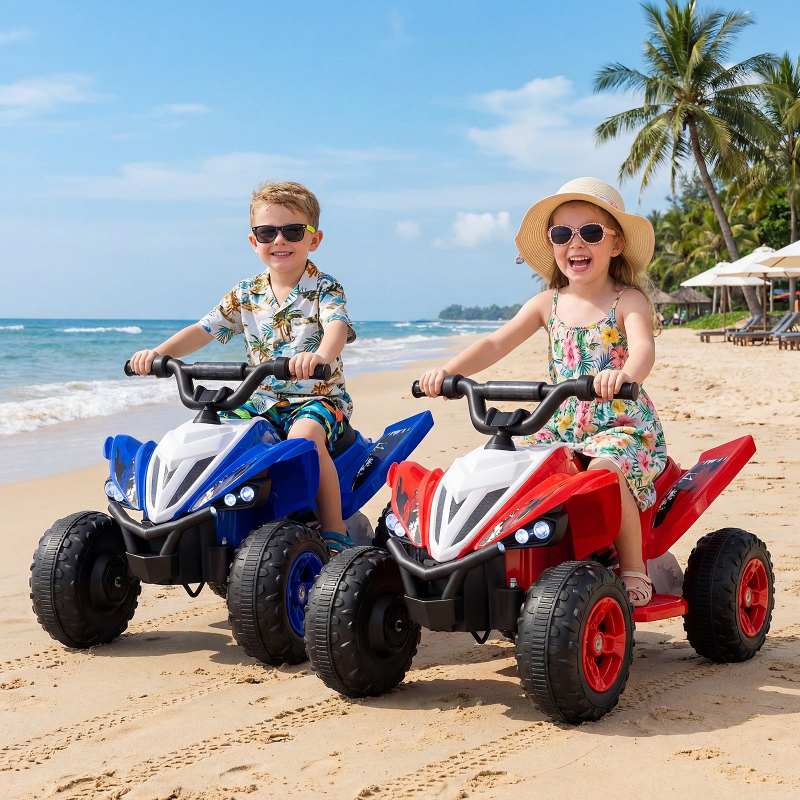 Two children on toy ATVs at the beach with palm trees and ocean in the background.