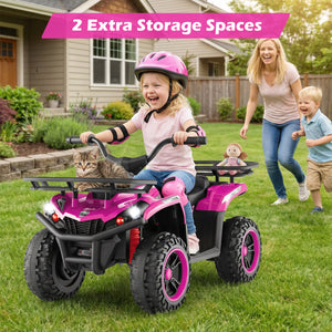 Child riding a pink toy ATV with 2 extra storage spaces, surrounded by family outdoors.