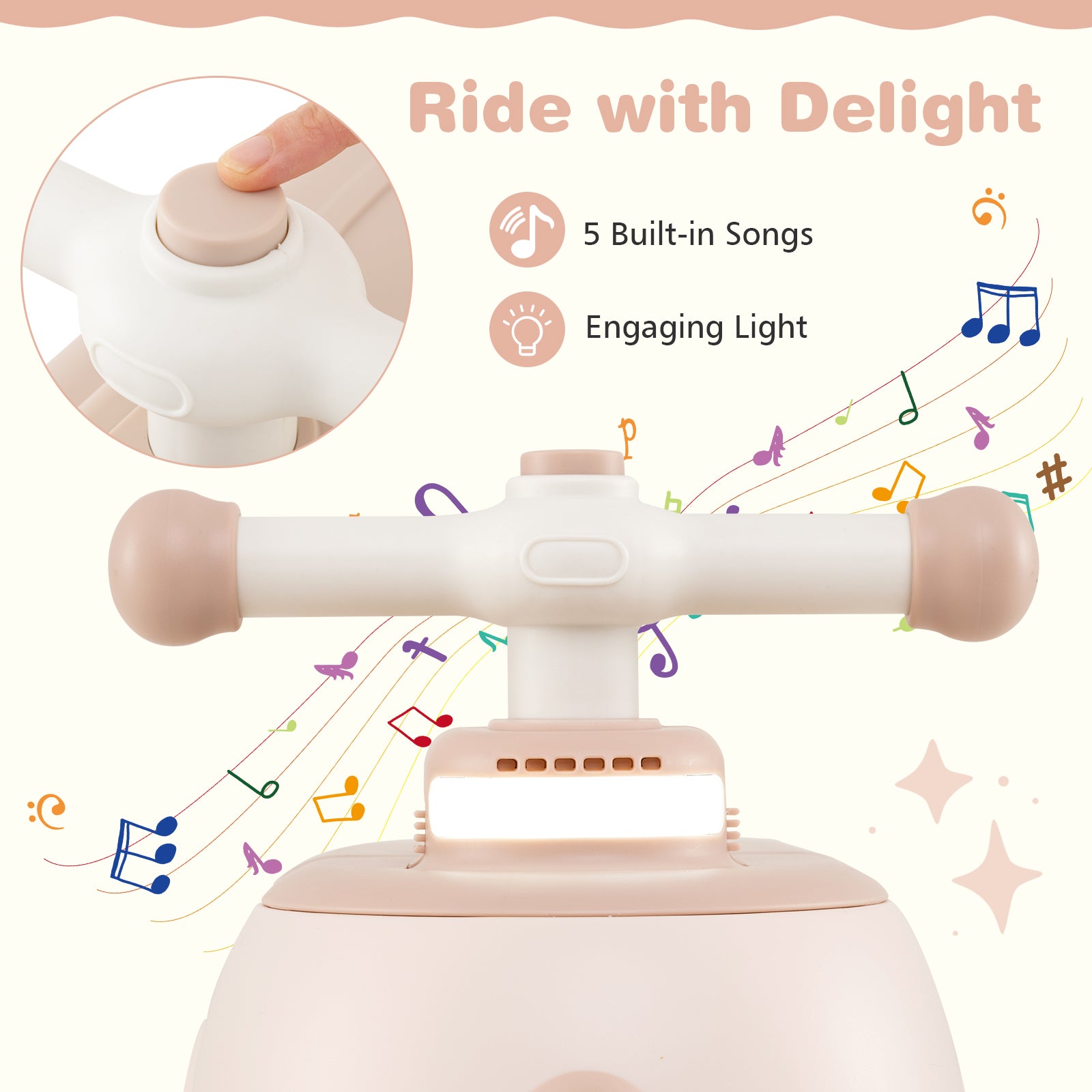 Children's toy with built-in songs and engaging light, labeled 'Ride with Delight'.