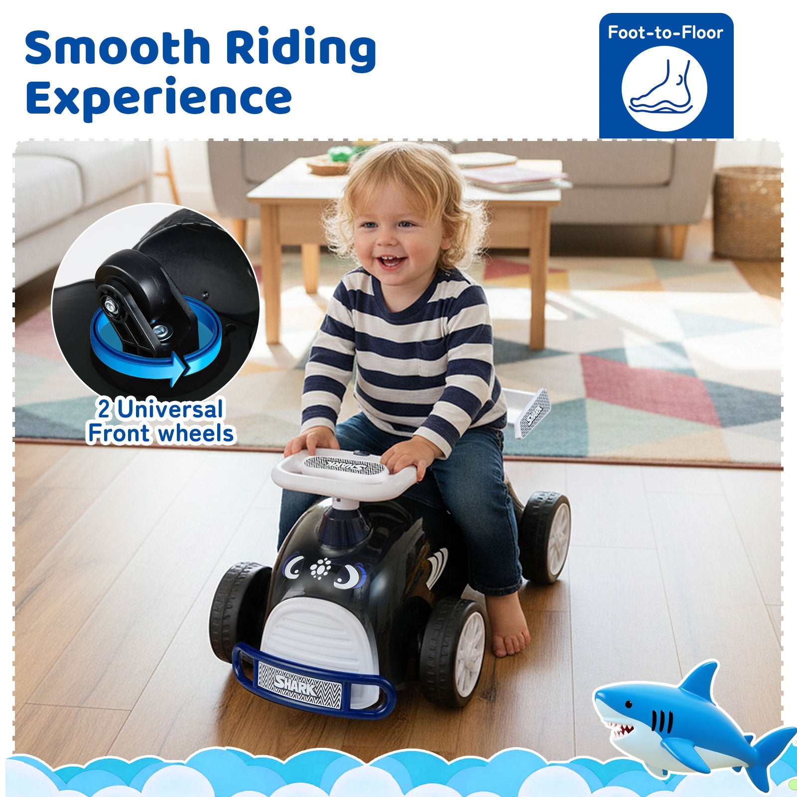 Child riding a toy car with shark design in a living room, emphasizing smooth riding experience.