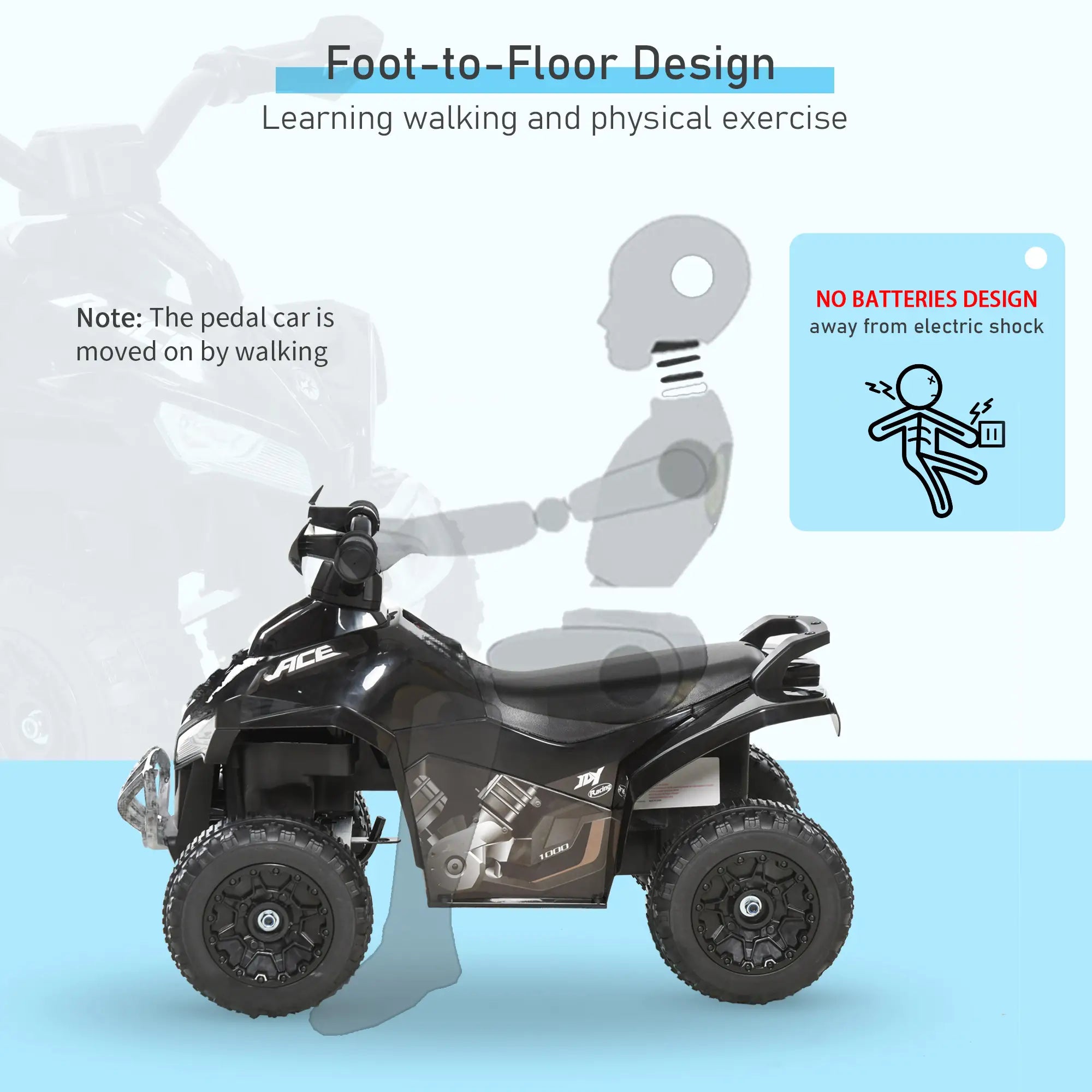 Children's pedal ATV with text about foot-to-floor design and safety features on a light blue background.