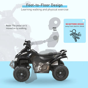 Children's pedal ATV with text about foot-to-floor design and safety features on a light blue background.