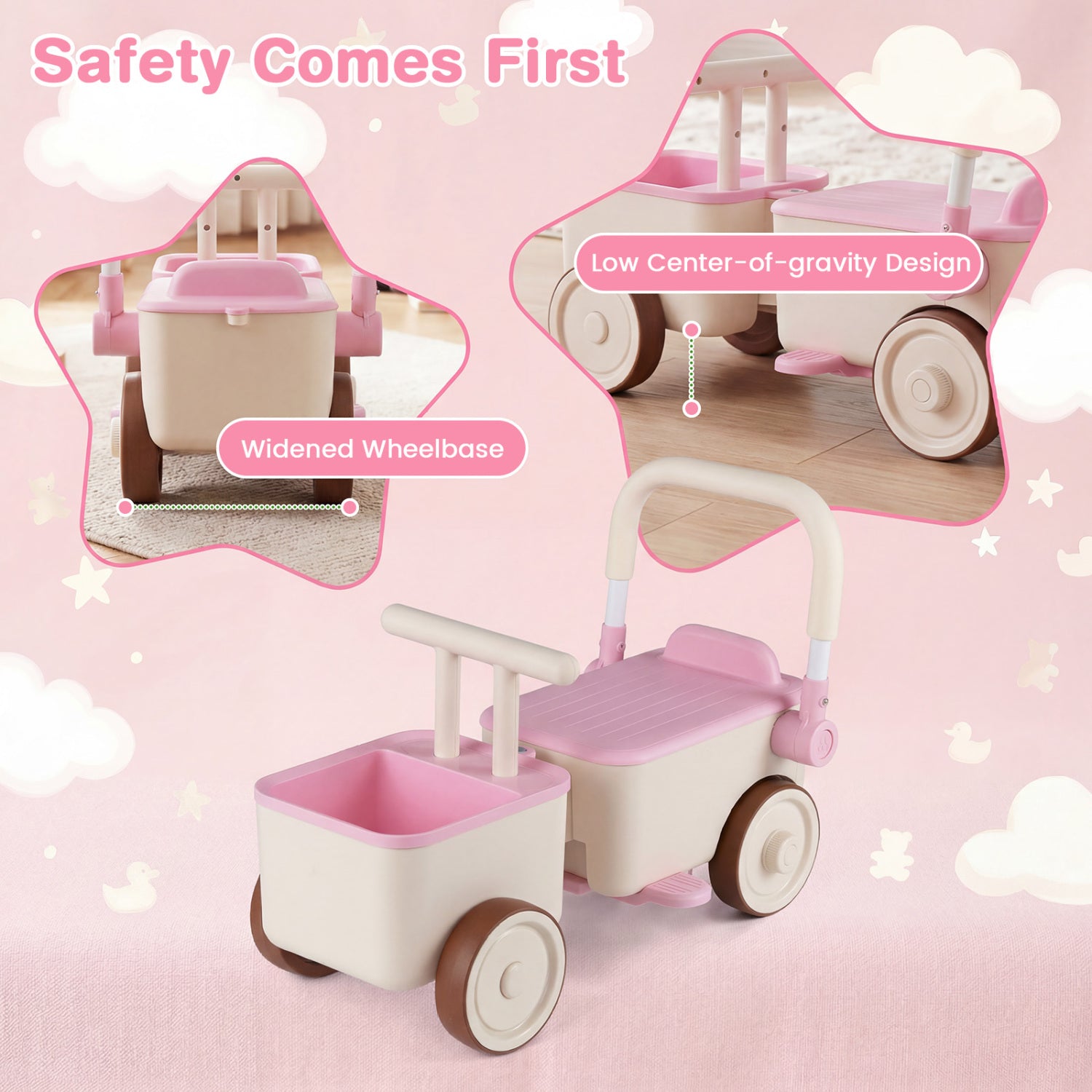 Pink and beige children's toy push cart with safety features highlighted on a pink background.