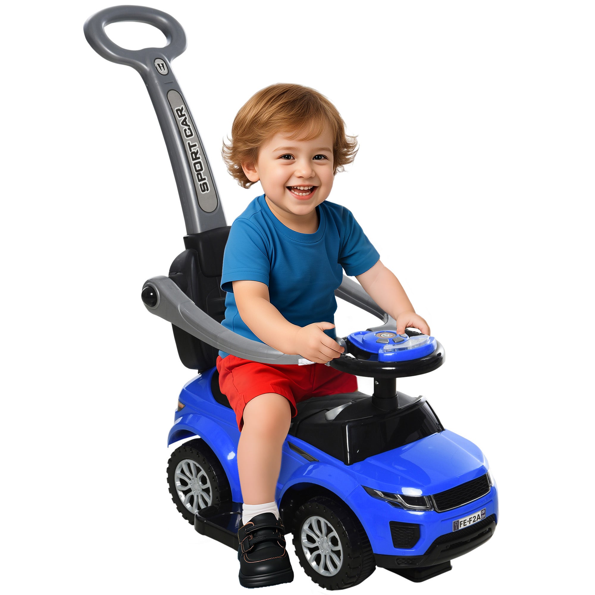 Angled front view of toddler ride on car