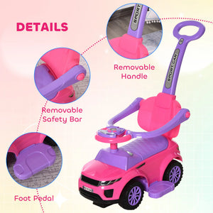 Pink and purple toy car with removable handle, safety bar, and foot pedal on a pink background.