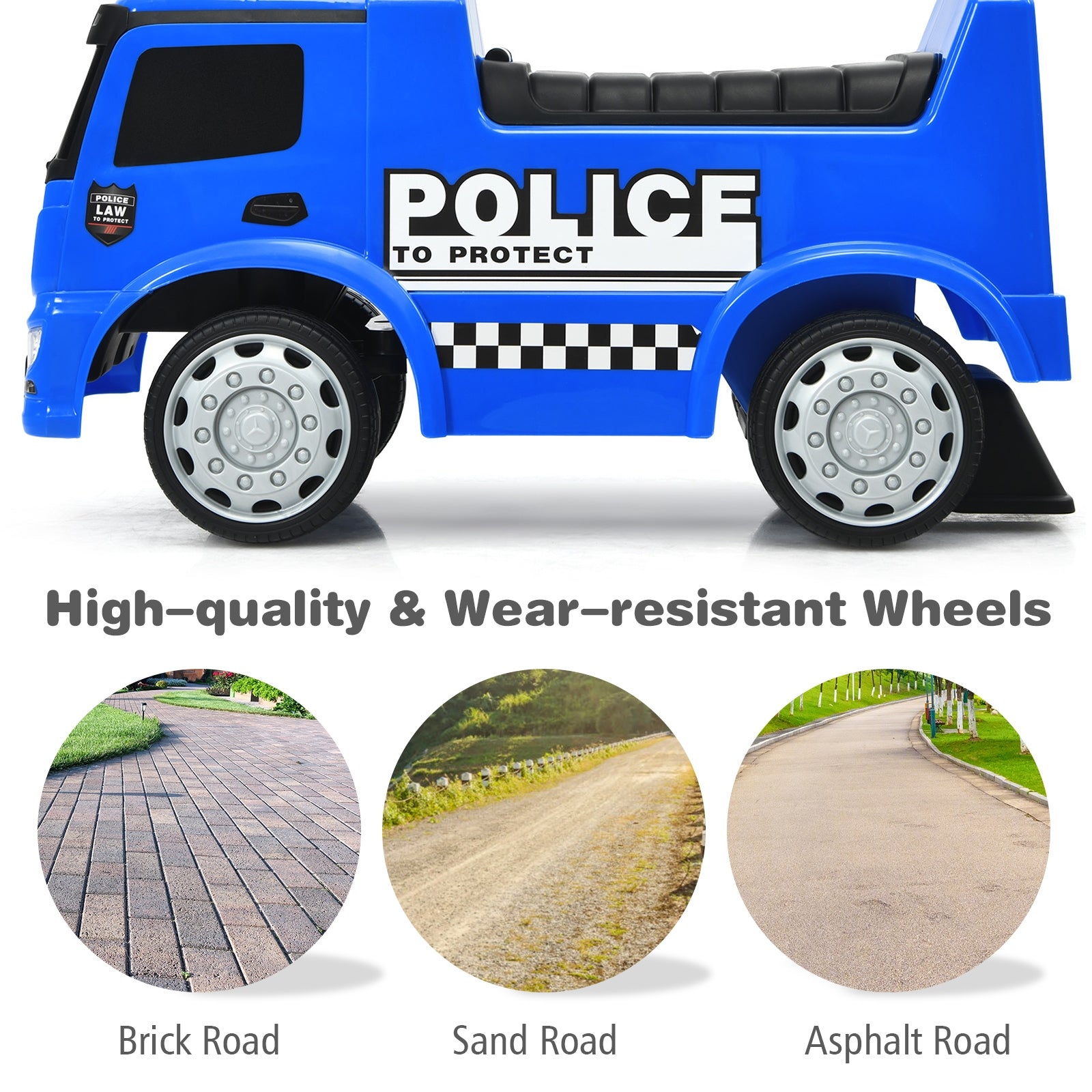 Toy police car with high-quality wheels on different road surfaces