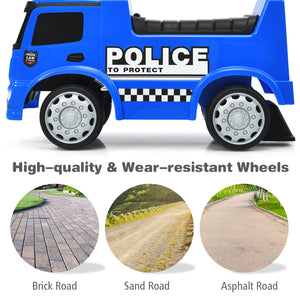Toy police car with high-quality wheels on different road surfaces