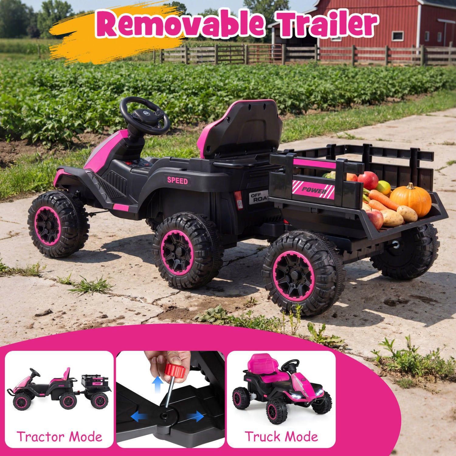 Toy truck with removable trailer on a rural background