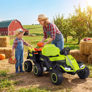 Woman and child with a toy tractor in an orchard setting
