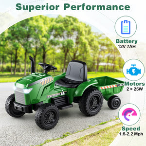 Green toy tractor with trailer on a road, surrounded by trees, with performance specifications displayed.
