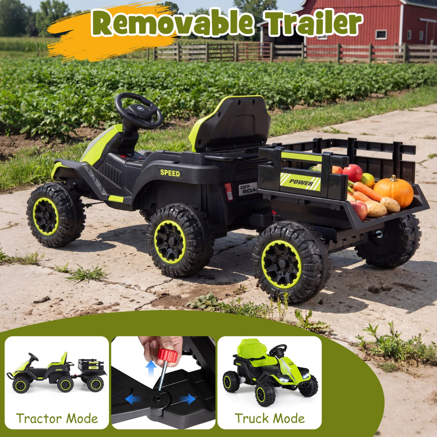 Toy truck with removable trailer on a rural background