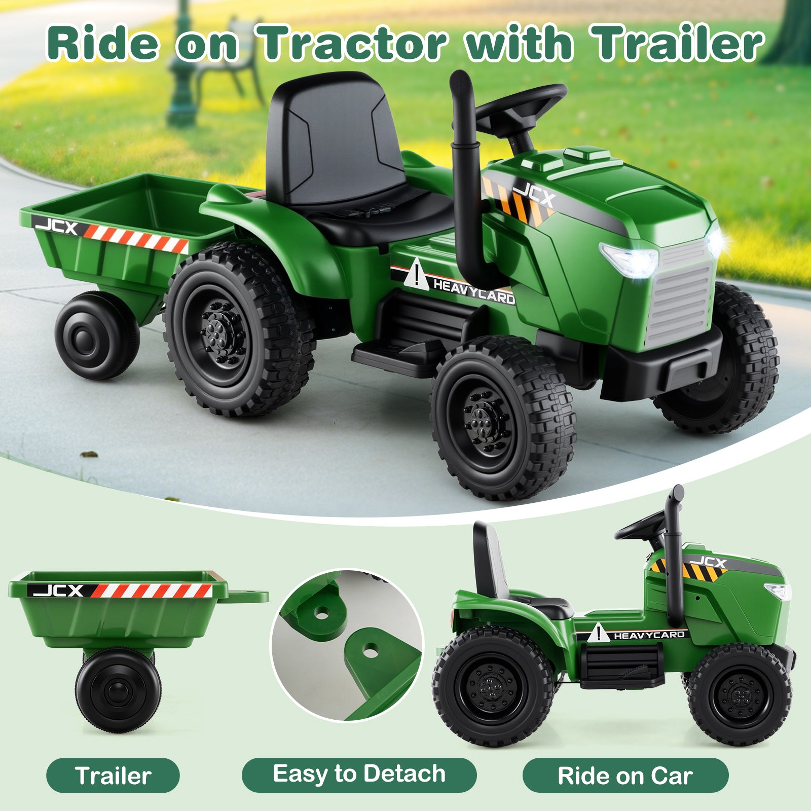 Green ride-on tractor with trailer on a green background