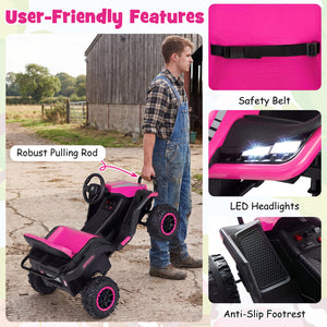 Pink and black children's ride-on toy with features highlighted on a yellow background