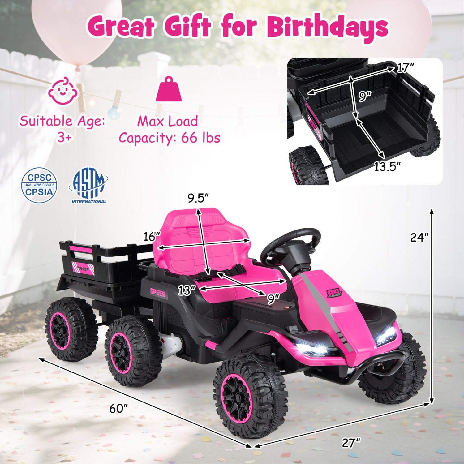 Pink and black toy truck with dimensions and safety certifications on a light background
