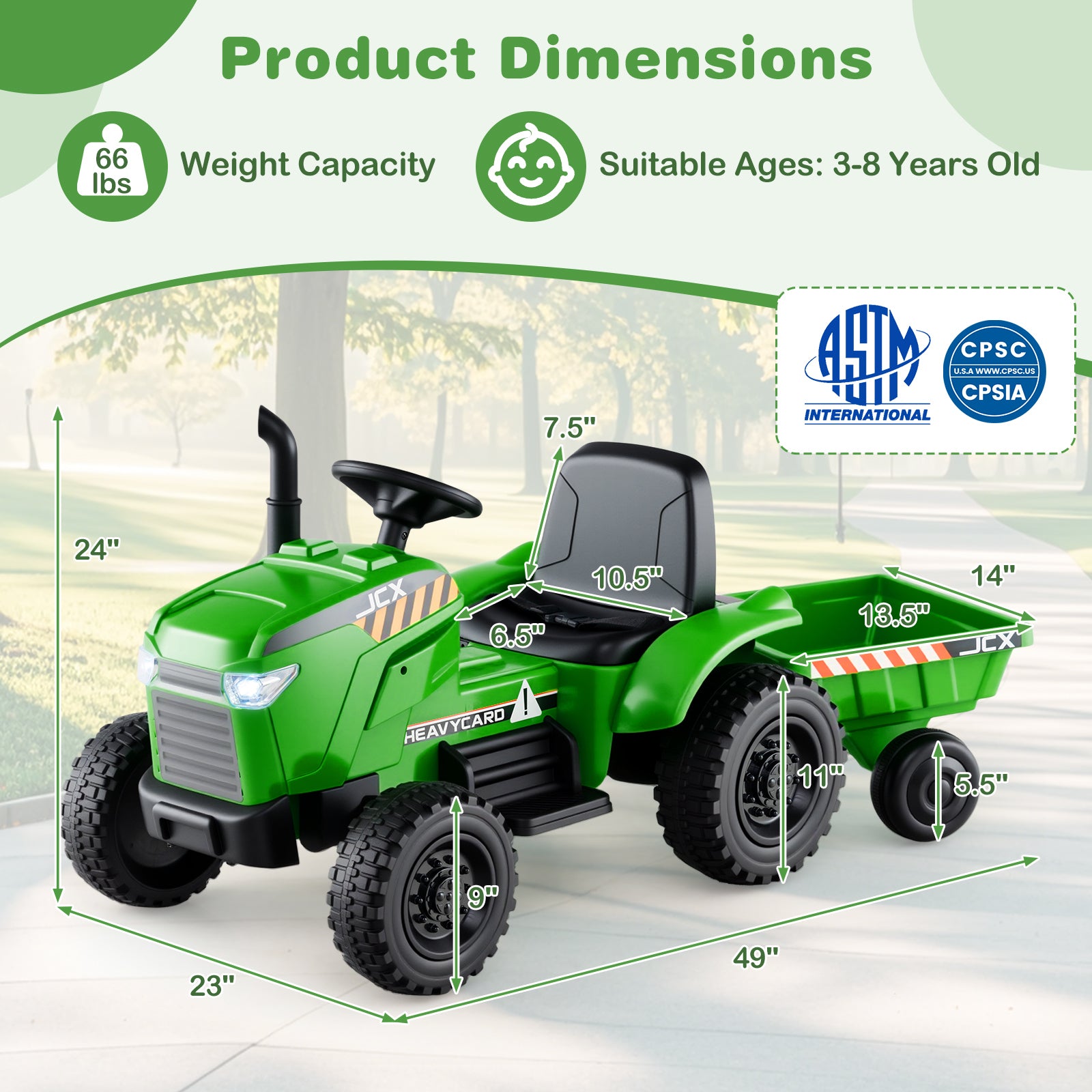 Green toy tractor with dimensions and safety certification logos on a light background