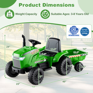 Green toy tractor with dimensions and safety certification logos on a light background