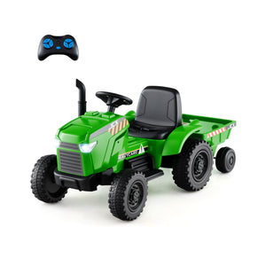 Green toy tractor with black remote control on a white background