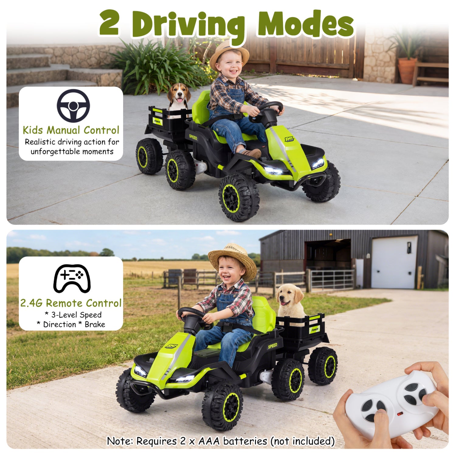 Children driving a green toy car with remote control and manual control options, outdoors.