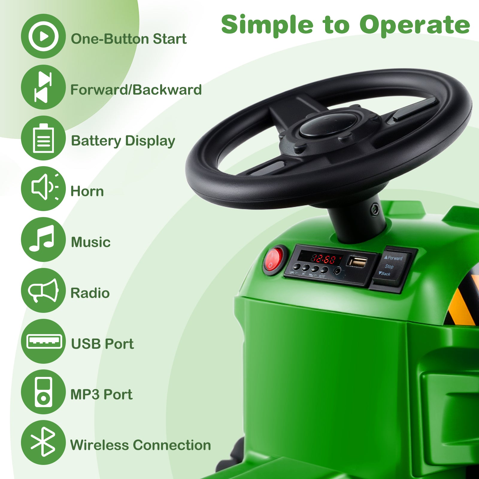Green toy car with steering wheel and control panel, featuring various functions on a green background.