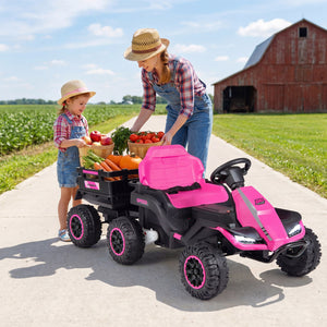 Woman and child with a pink toy truck on a rural road with a barn in the background