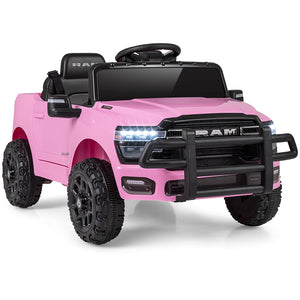 Pink toy truck with black details on a white background