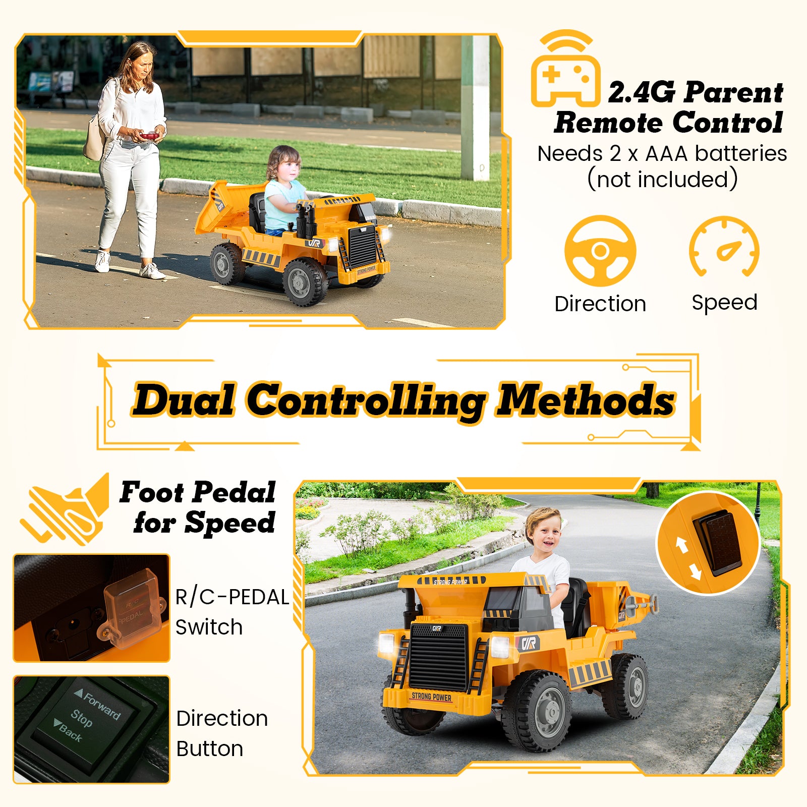 Children's toy dump truck with remote control and foot pedal, featuring dual controlling methods.