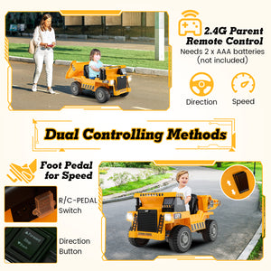 Children's toy dump truck with remote control and foot pedal, featuring dual controlling methods.