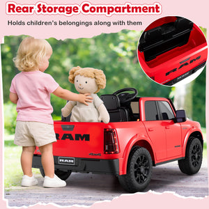 Red toy truck with a child and teddy bear, highlighting the rear storage compartment.