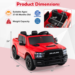 Red toy truck with dimensions and safety certifications on a white background