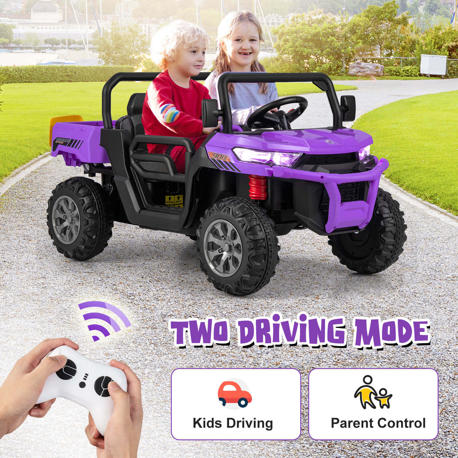 Children in a purple toy off-road vehicle with a remote control, on a road with greenery.