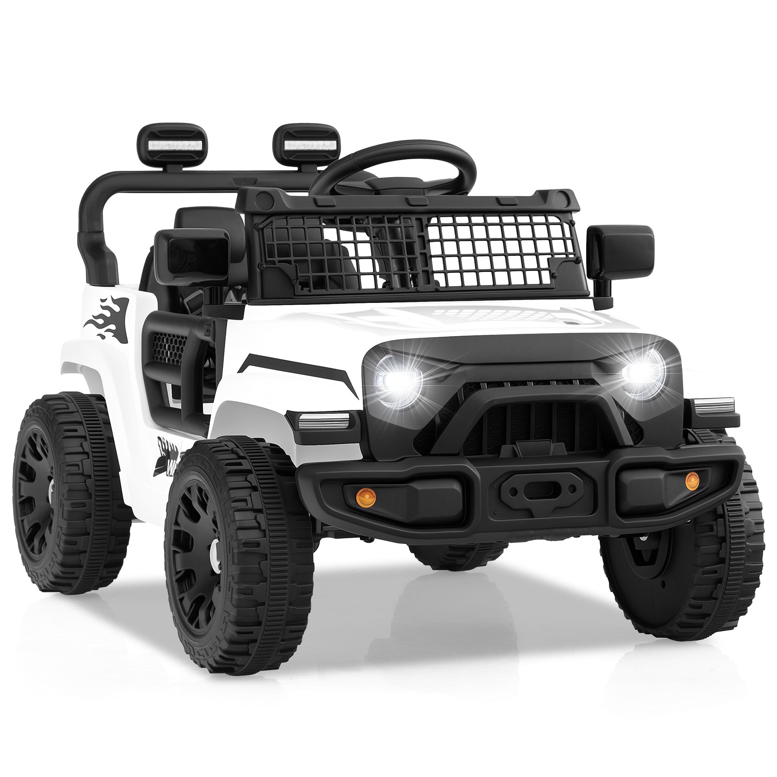 Toy jeep with black roof rack and lights on a white background
