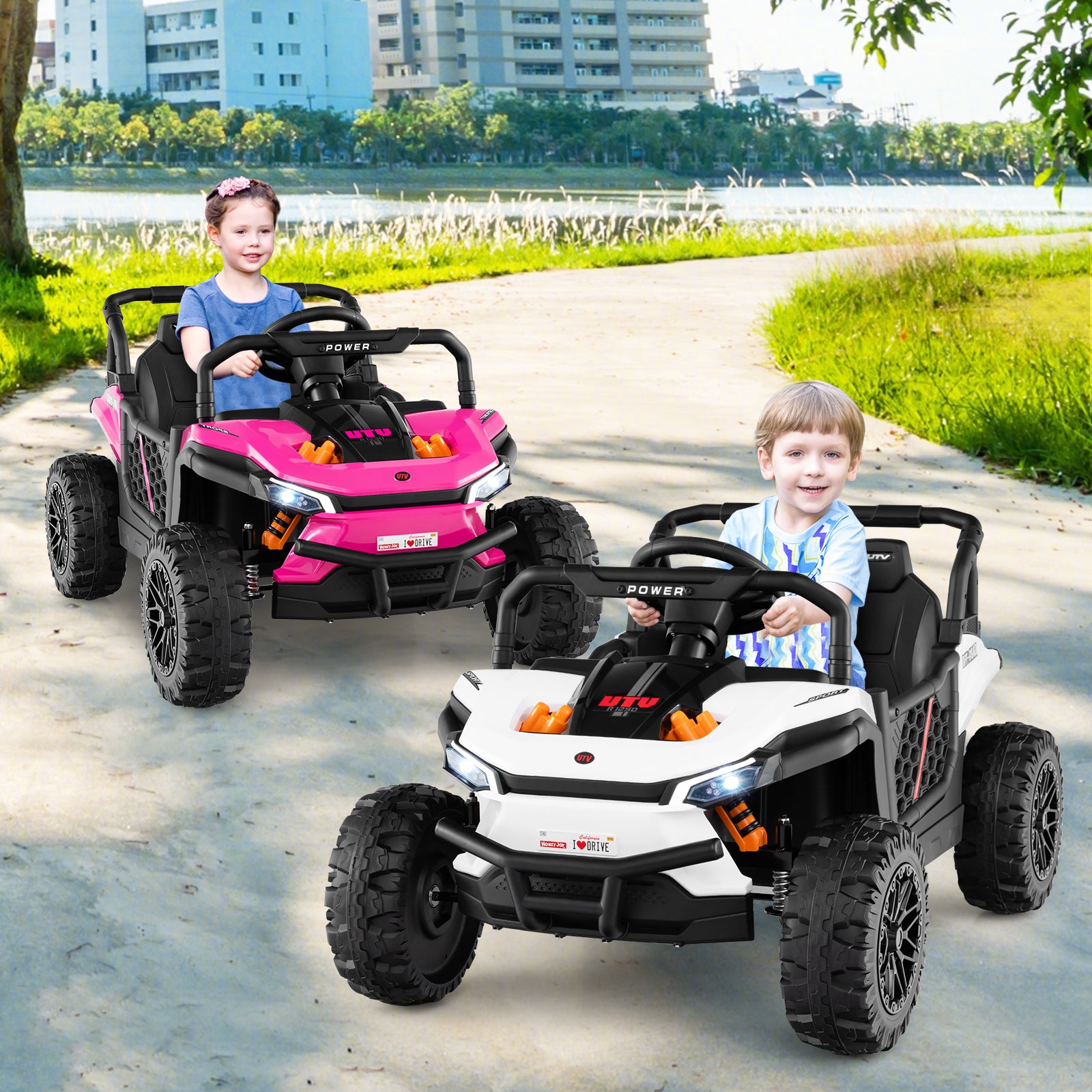 Two children playing with toy cars on a path by a lake.