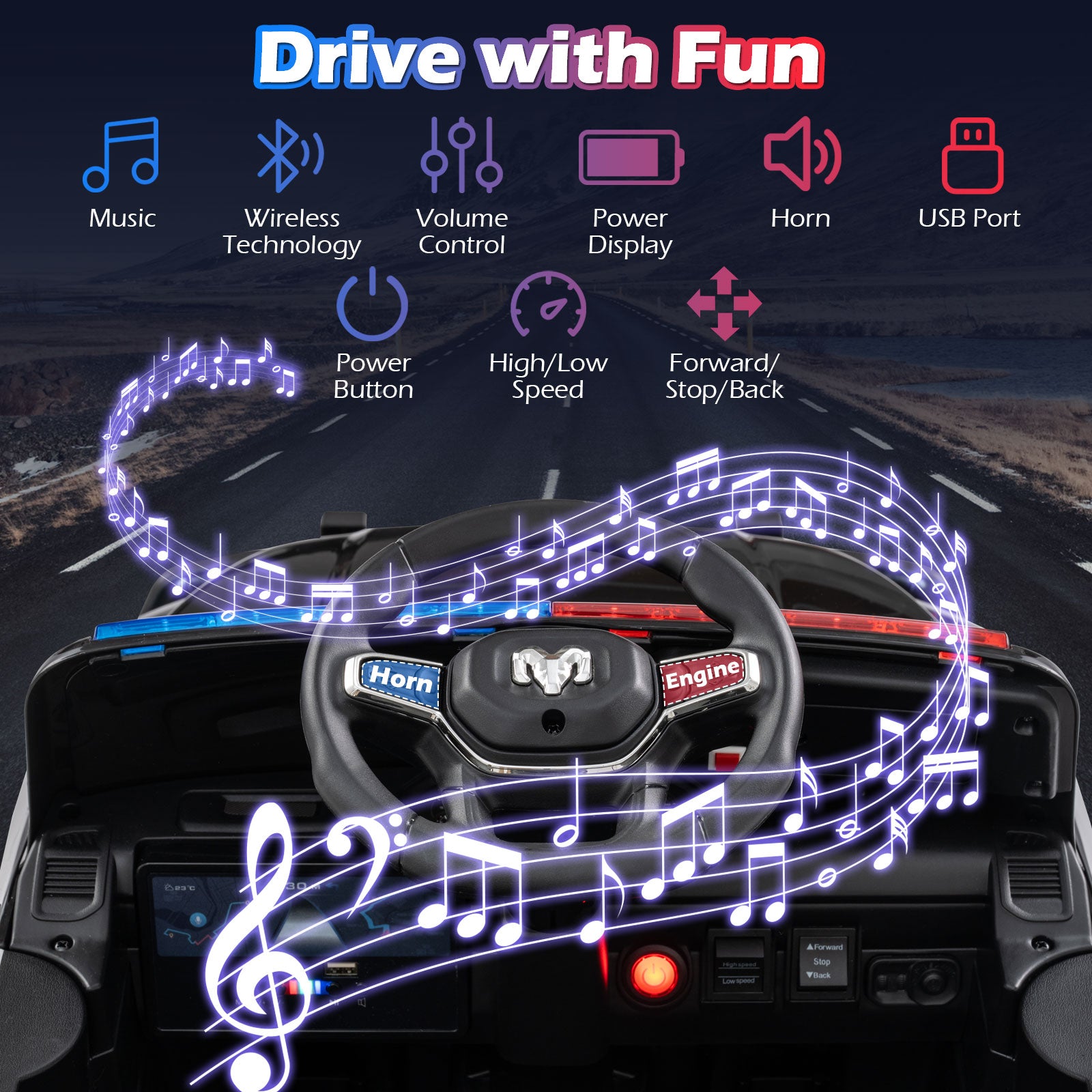Car dashboard with steering wheel and music-themed graphics indicating features like music, wireless technology, volume control, etc.