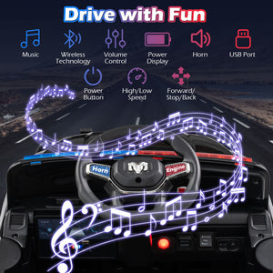 Car dashboard with steering wheel and music-themed graphics indicating features like music, wireless technology, volume control, etc.