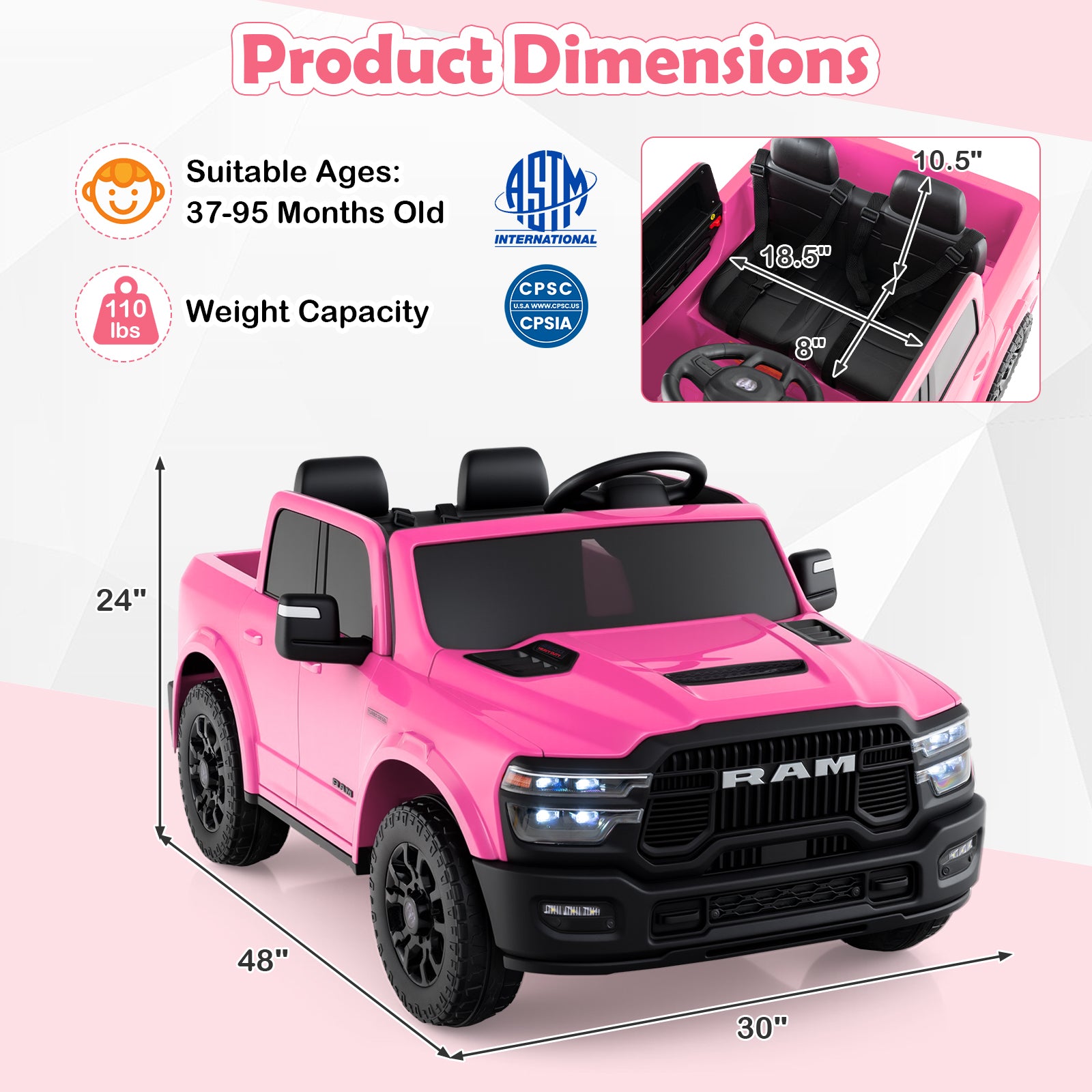 Pink toy truck with dimensions and safety certification logos on a light pink background