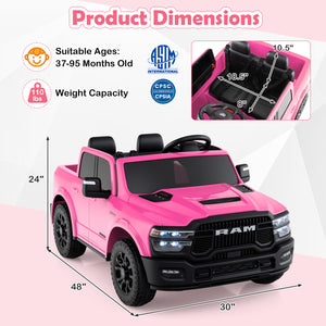 Pink toy truck with dimensions and safety certification logos on a light pink background