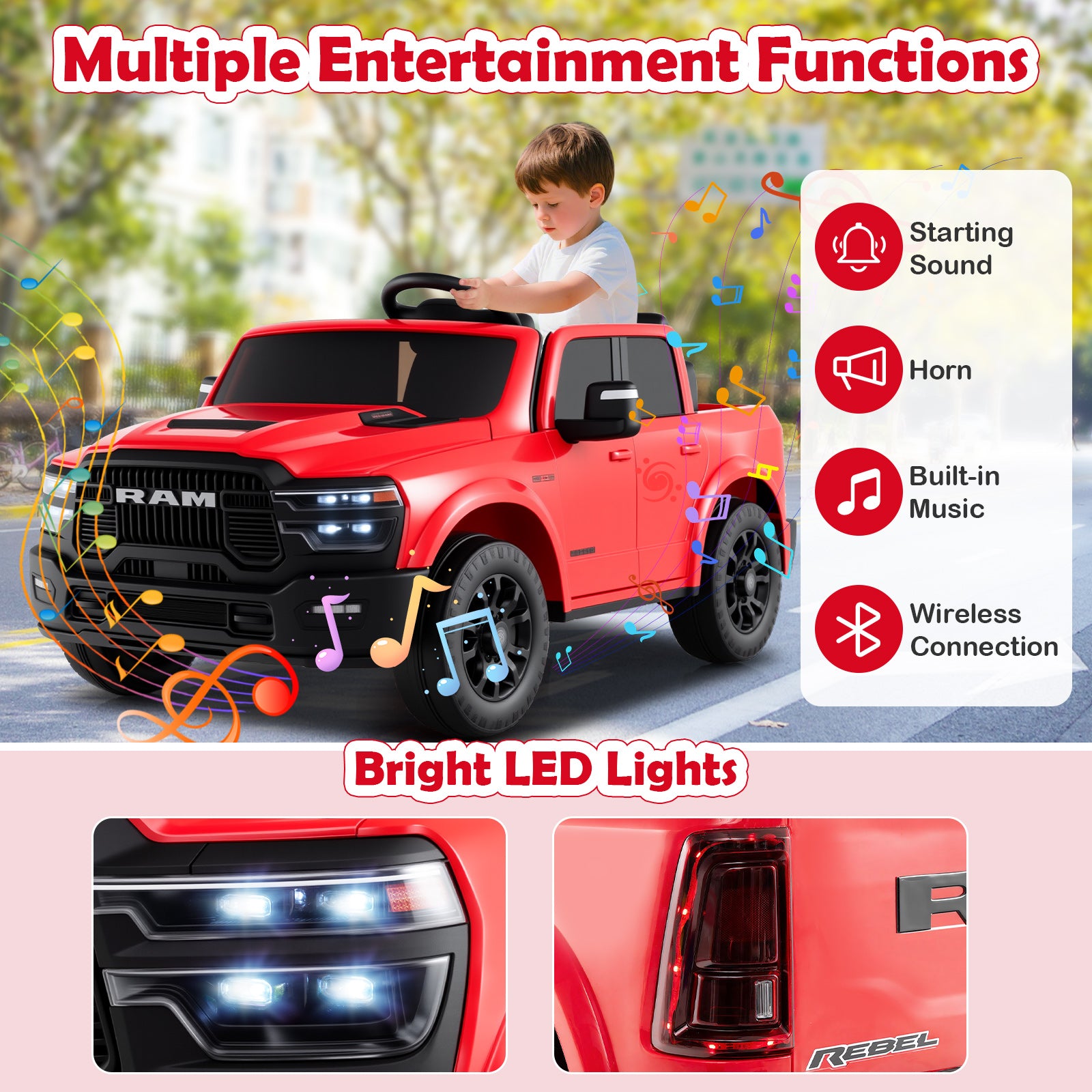 Red toy truck with entertainment functions and LED lights, child playing outdoors.
