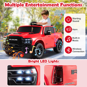 Red toy truck with entertainment functions and LED lights, child playing outdoors.