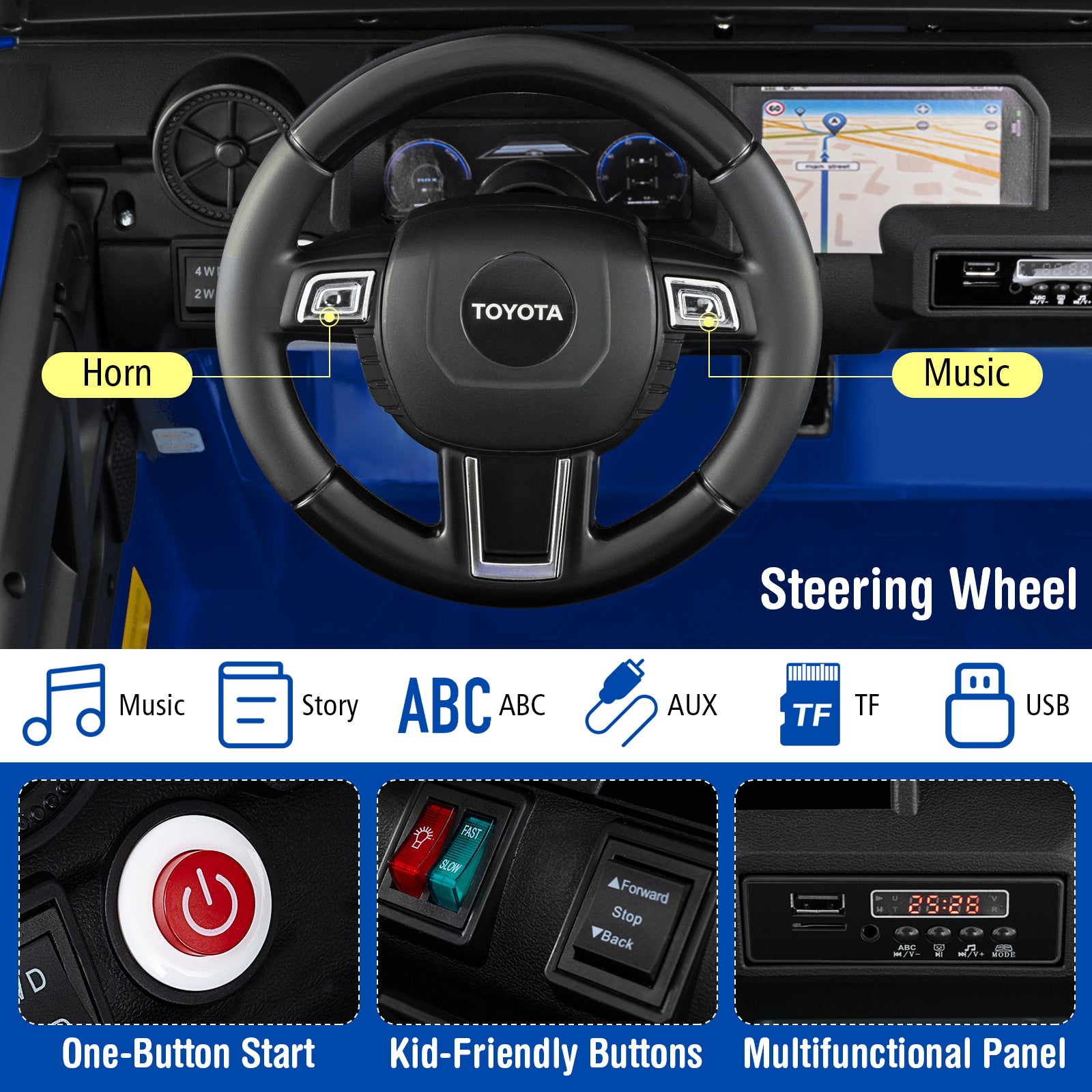 Car interior with steering wheel and dashboard controls labeled, featuring Toyota branding.